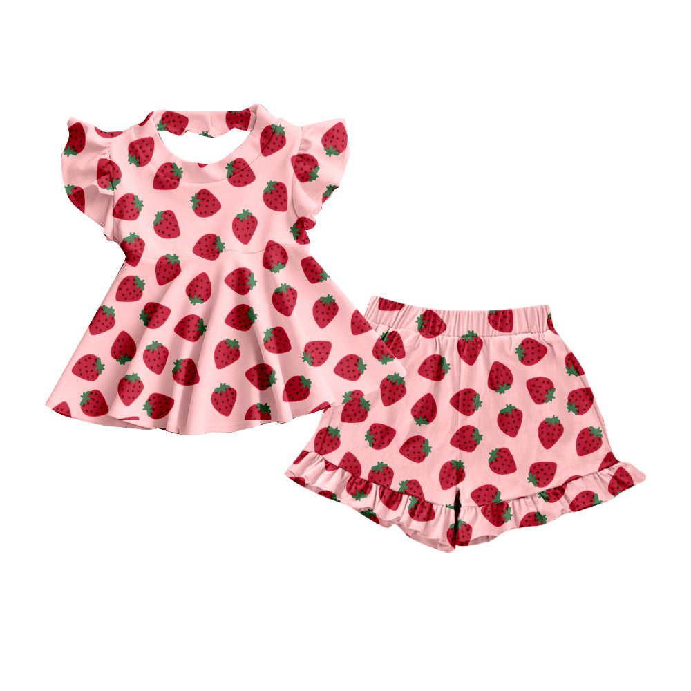 (Pre Order) No moq GSSO2788 PRE-ORDER baby girls clothes strawberry flying sleeve shorts set-2025.10.24