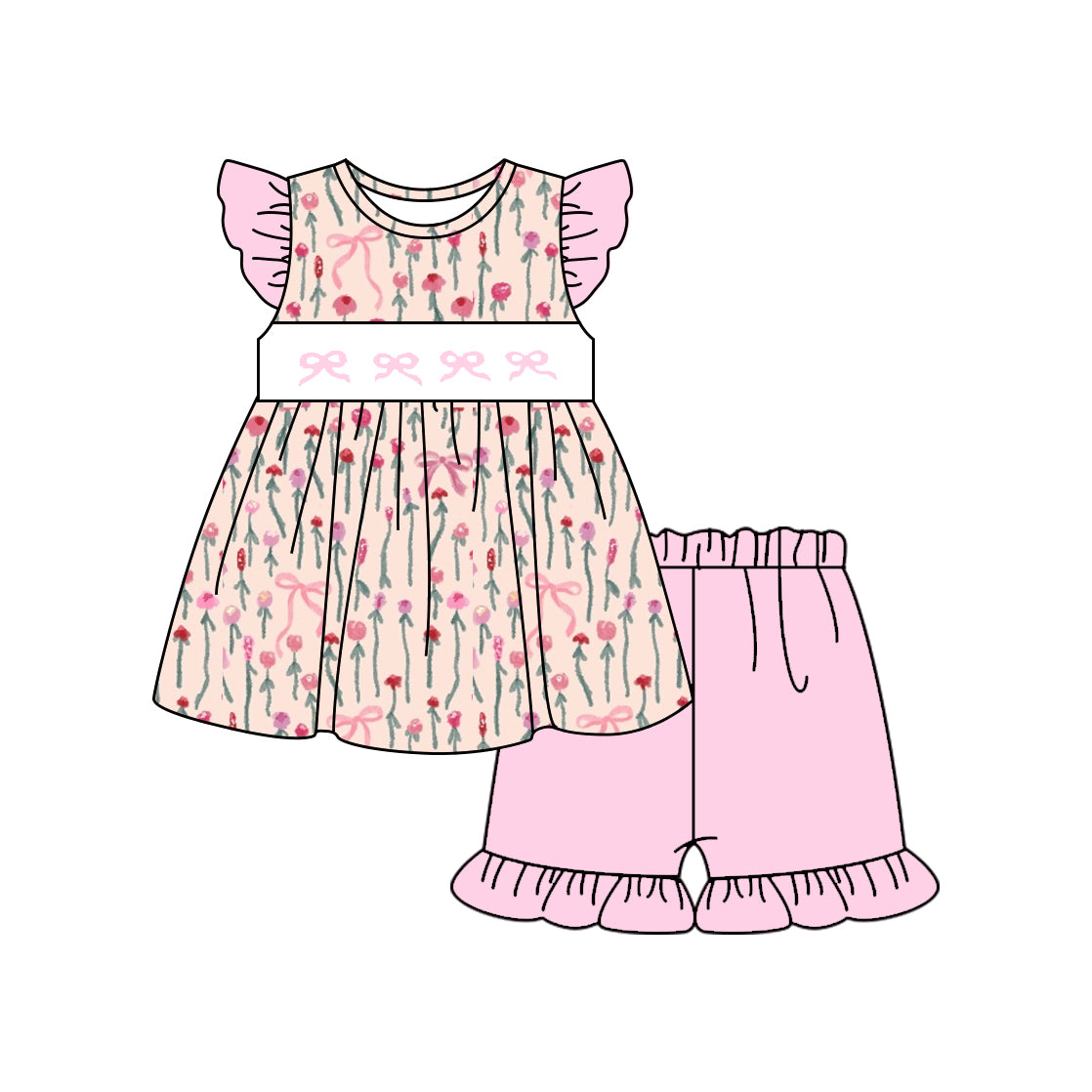 (Pre Order) No moq GSSO2789 PRE-ORDER baby girls clothes bow floral flying sleeve shorts set-2025.10.24