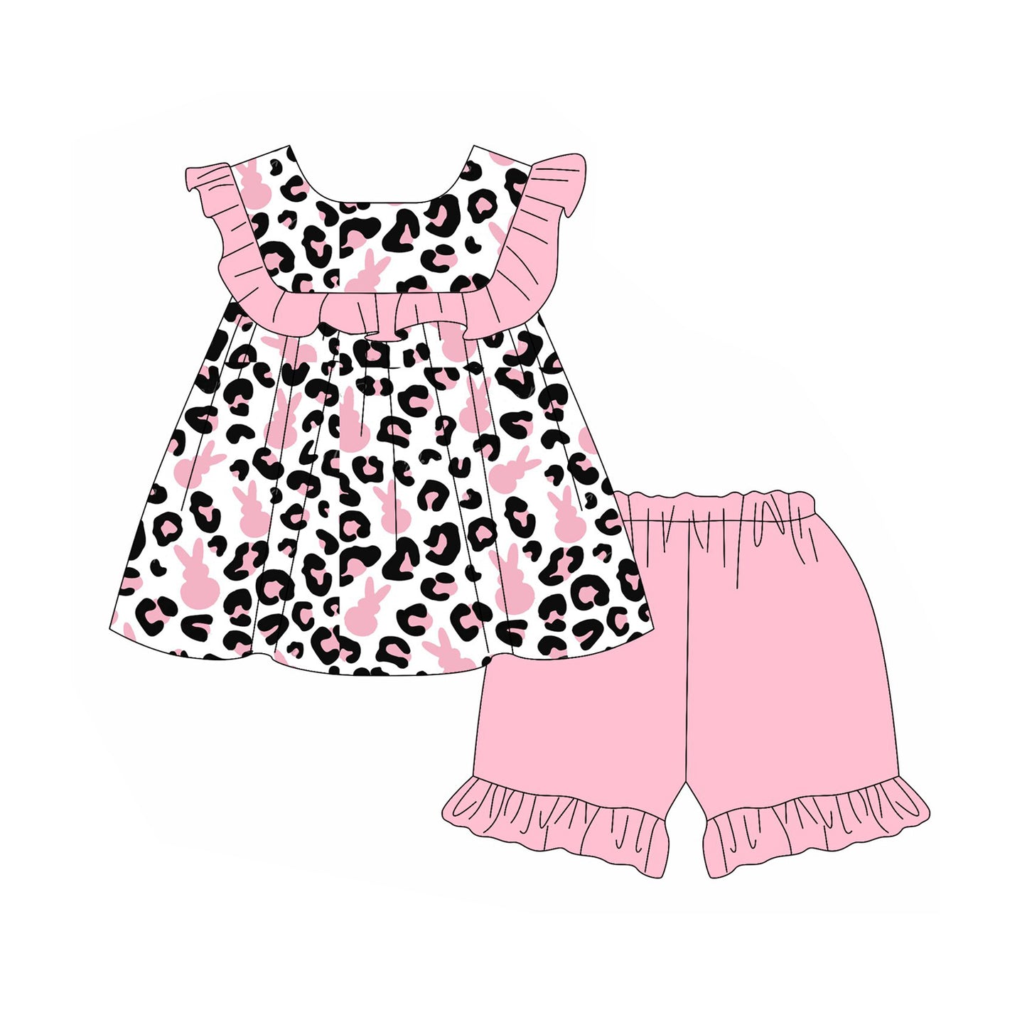 (Pre Order) No moq GSSO2800 PRE-ORDER baby girls clothes leopard bunny pink flying sleeve shorts set-2025.10.28