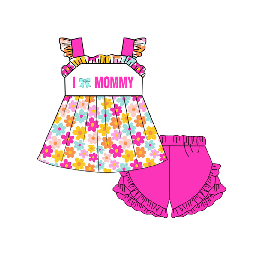 (Pre Order) No moq GSSO2801 Pre-order baby girl clothes love mommy floral bow rose red sleeveless shorts sets-2025.10.29