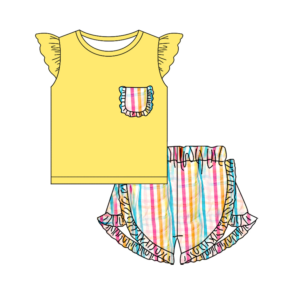 (Pre Order) No moq GSSO2809 Pre-order baby girl clothes yellow flying sleeve shorts sets-2025.10.31