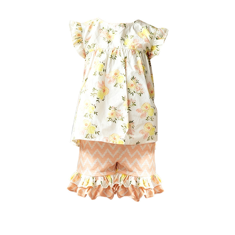(Pre Order) No moq GSSO2811 Pre-order baby girl clothes floral flying sleeve shorts sets-2025.10.31