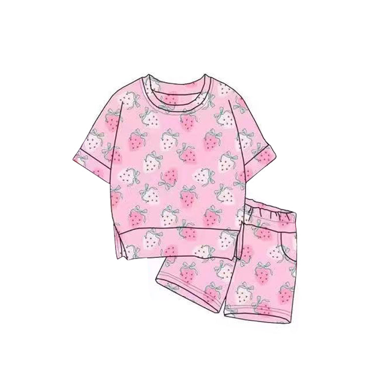 (Pre Order) No moq GSSO2817 Pre-order baby girl clothes strawberry bow short sleeve shorts sets-2025.11.1