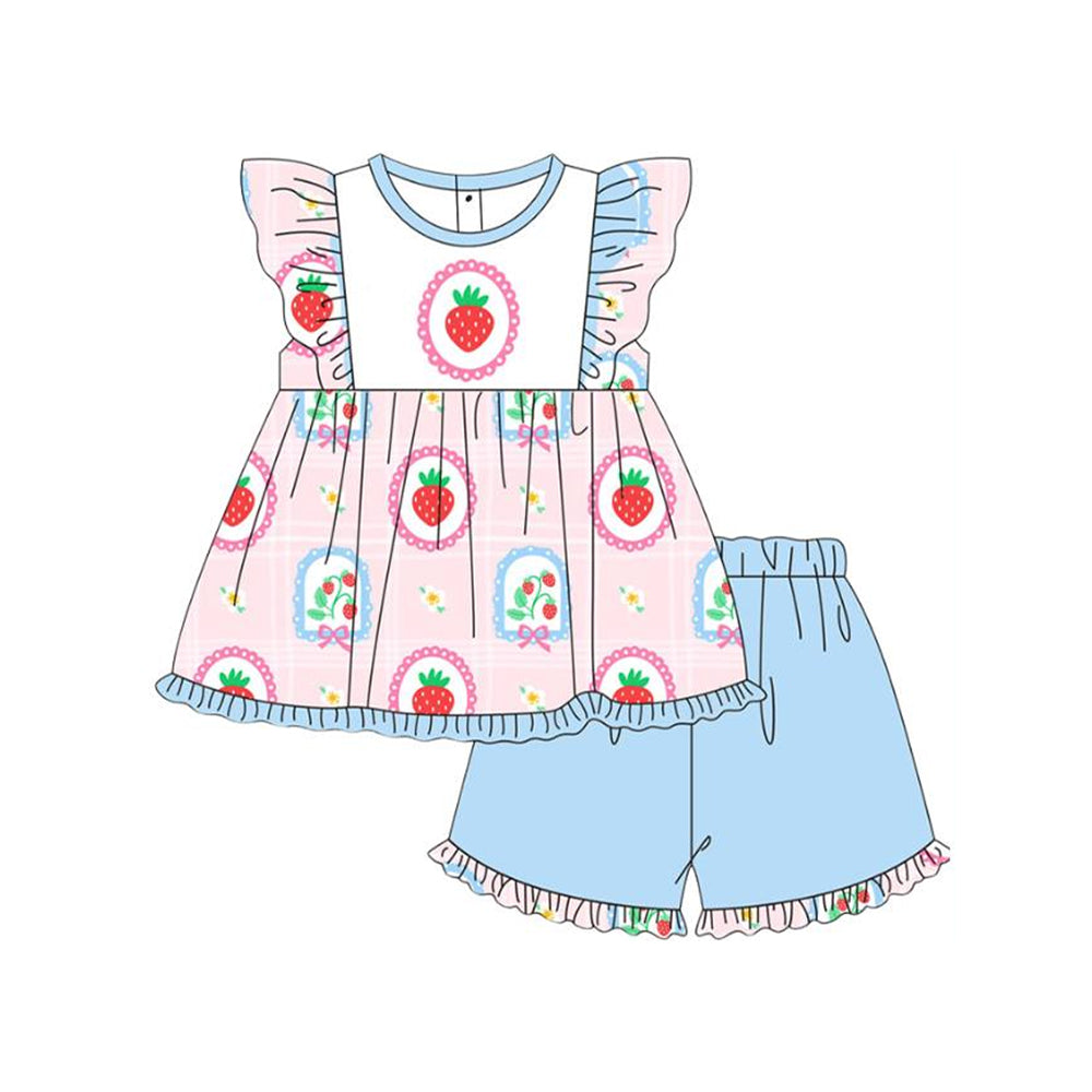 (Pre Order) No moq GSSO2822 Pre-order baby girl clothes strawberry bow flying sleeve shorts sets-2025.11.1