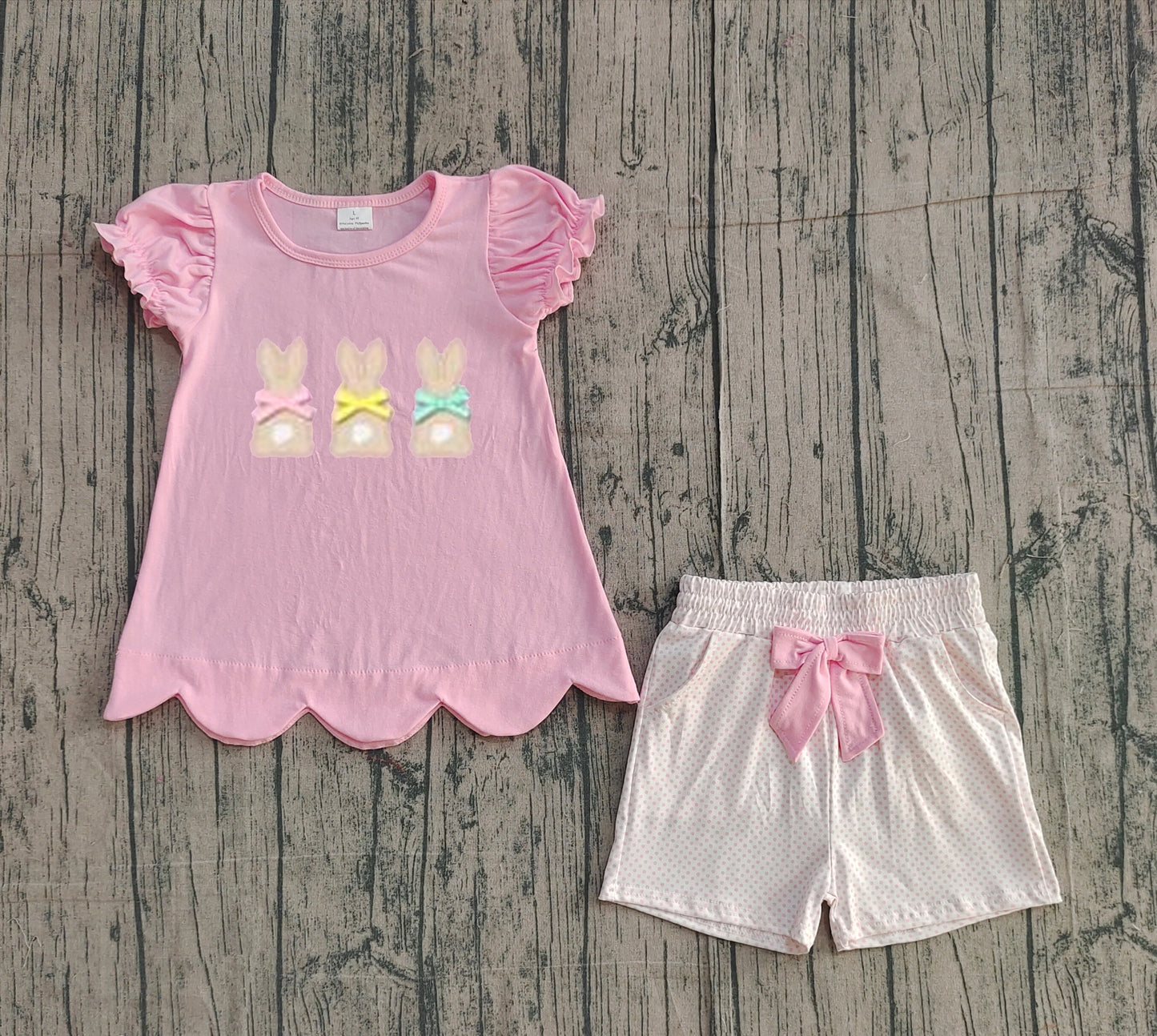 (Pre Order) No moq GSSO2829 Pre-order baby girl clothes embroidery bunny bow pink short sleeve shorts sets-2025.11.30
