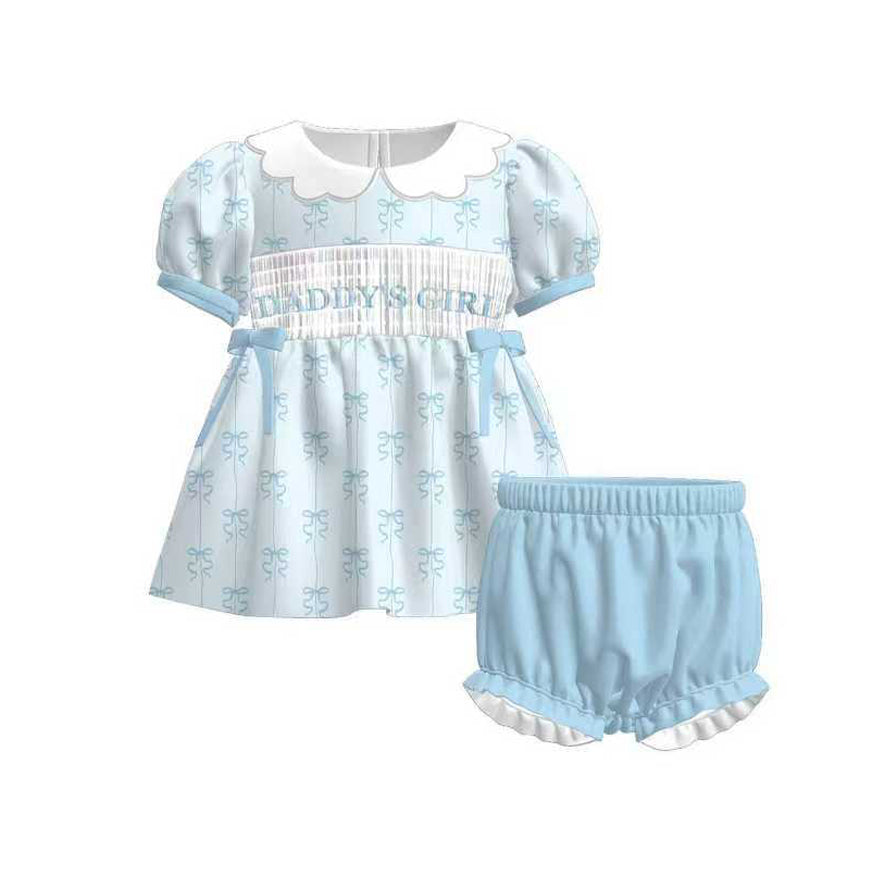 (Pre Order) No moq GSSO2832 Pre-order baby girl clothes DADDY bow blue short sleeve shorts sets-2025.11.4