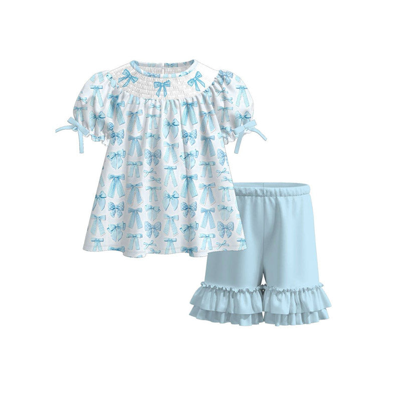 (Pre Order) No moq GSSO2833 Pre-order baby girl clothes bow blue short sleeve shorts sets-2025.11.4