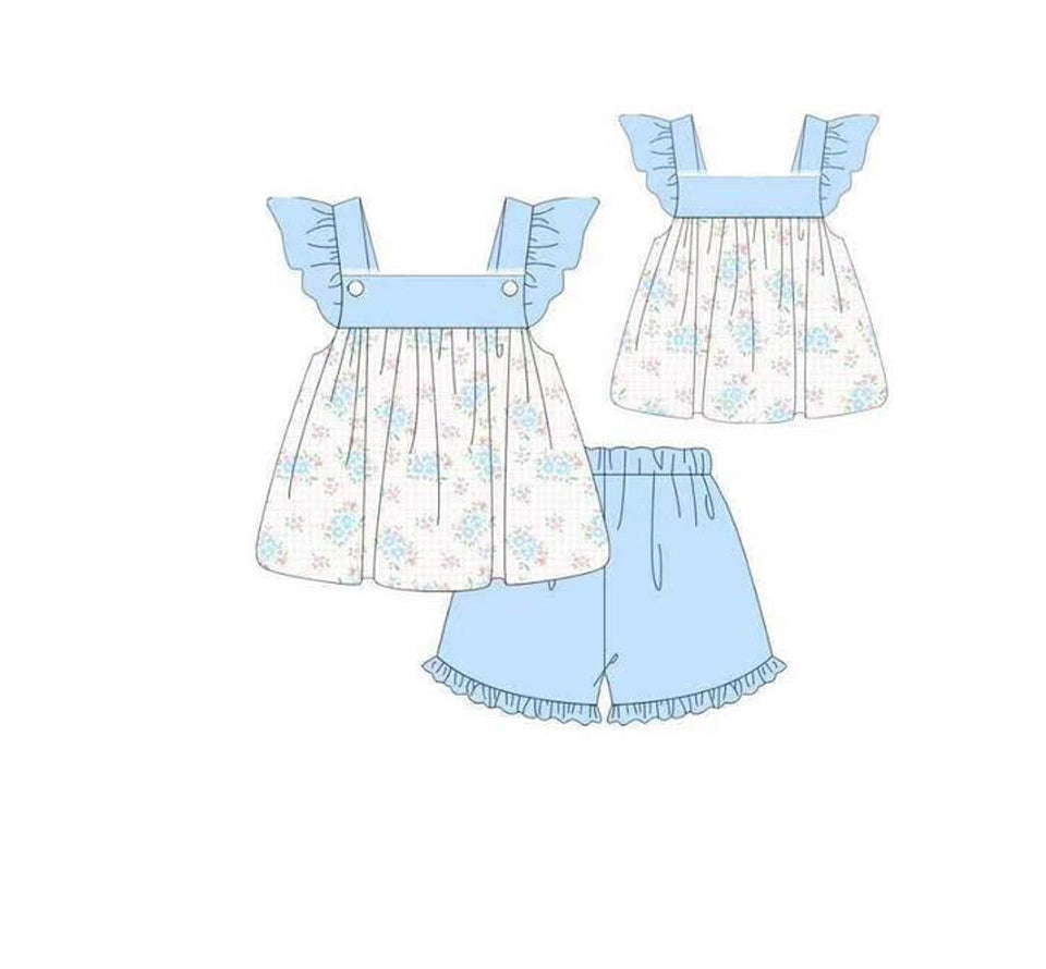 (Pre Order) No moq GSSO2869 Pre-order baby girl clothes floral blue flying sleeve shorts sets-2025.11.14