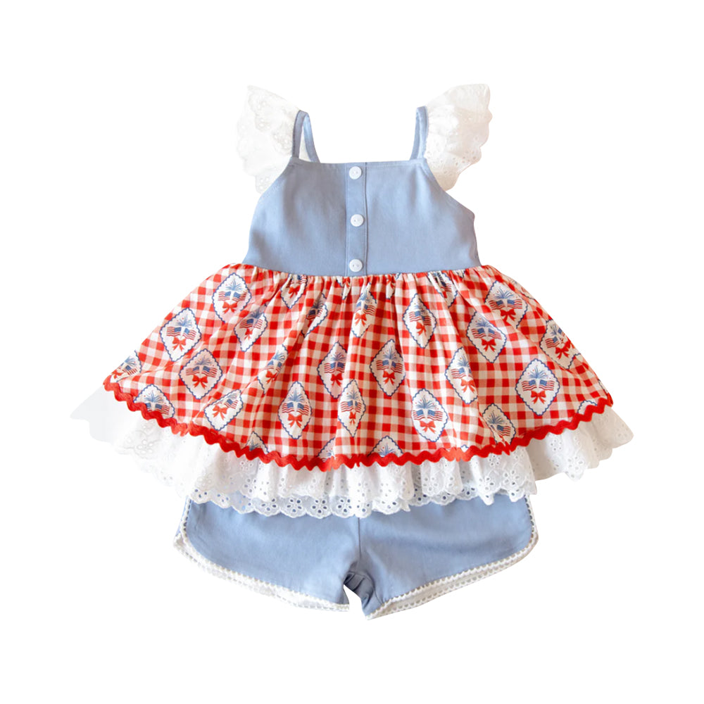 (Pre Order) No moq GSSO2909 Pre-order baby girl clothes bow flag flying sleeve shorts sets-2025.11.18