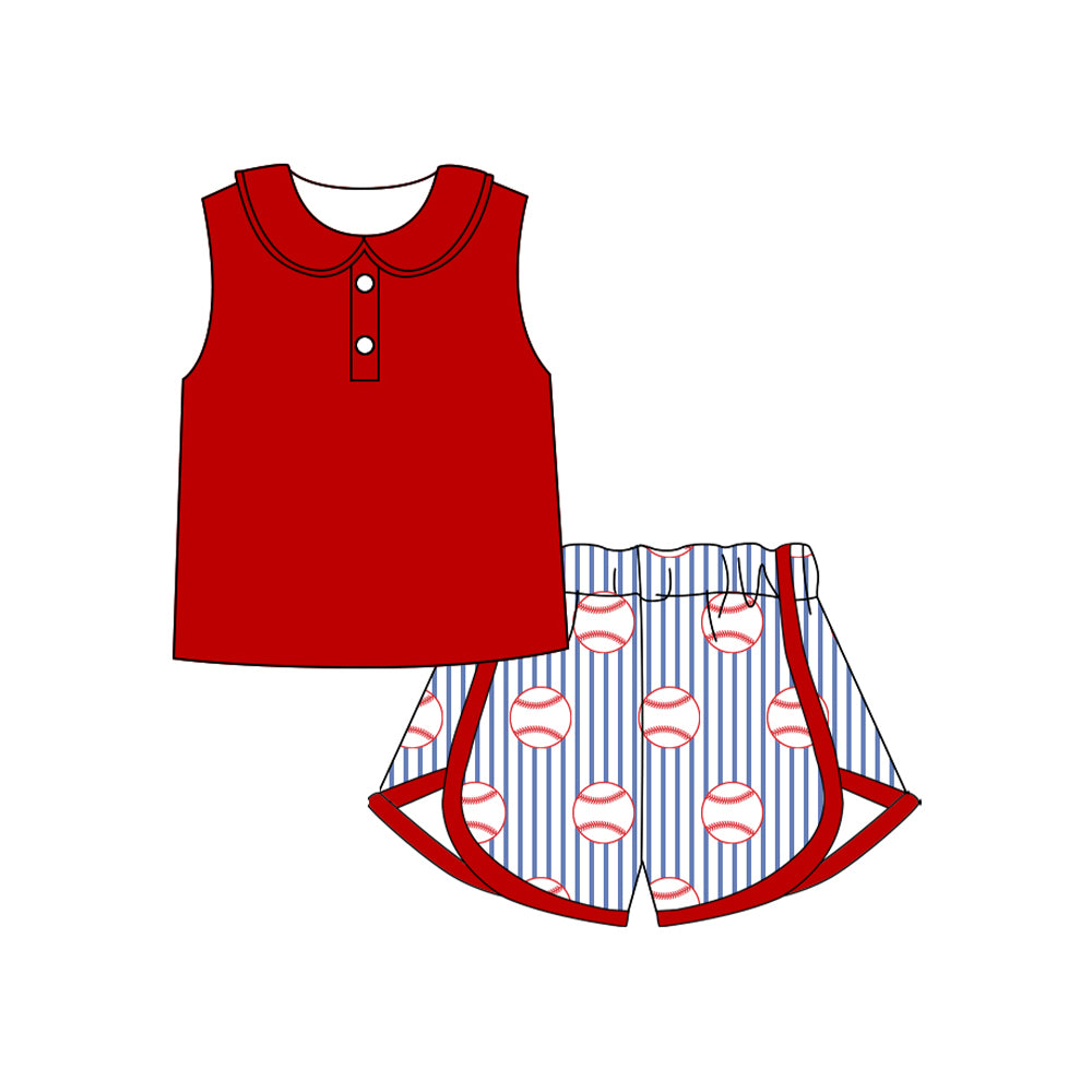 (Pre Order) No moq GSSO2921 Pre-order baby girl clothes baseball red sleeveless shorts sets-2025.11.20