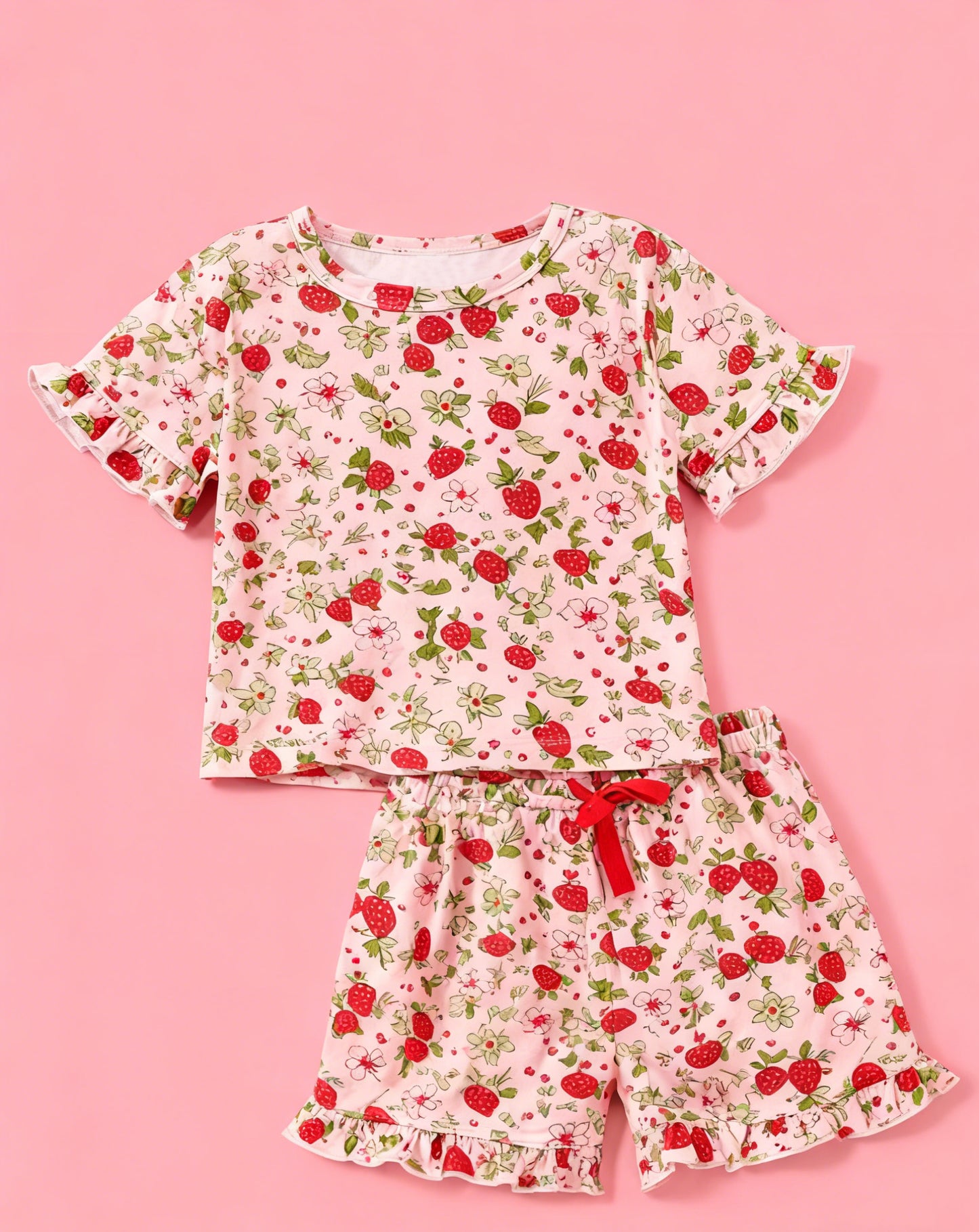 (Pre Order) No moq GSSO2936 Pre-order baby girl clothes strawberry floral short sleeve shorts sets-2025.11.22