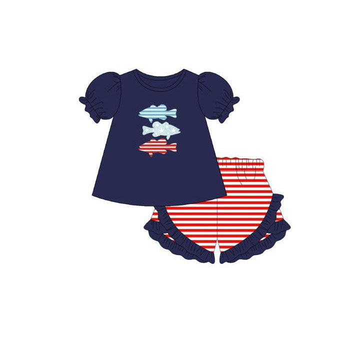 (Pre Order) No moq GSSO2968 Pre-order baby girl clothes navy blue short sleeve shorts sets-2025.11.26