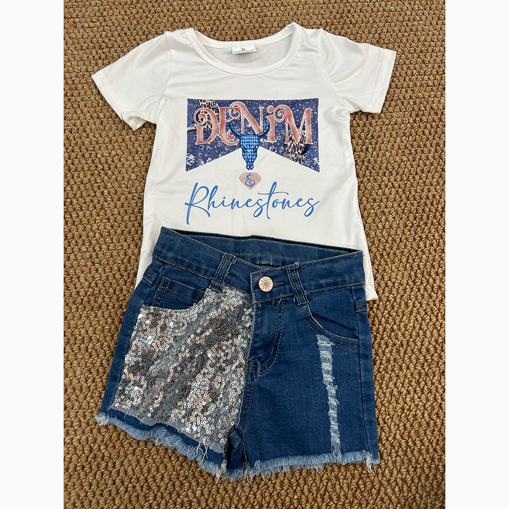 RTS NO MOQ ETA 5/7days Arrived GT0133+D8-14 Girls DENIM blue cow head white short-sleeved top denim mesh sequin shorts