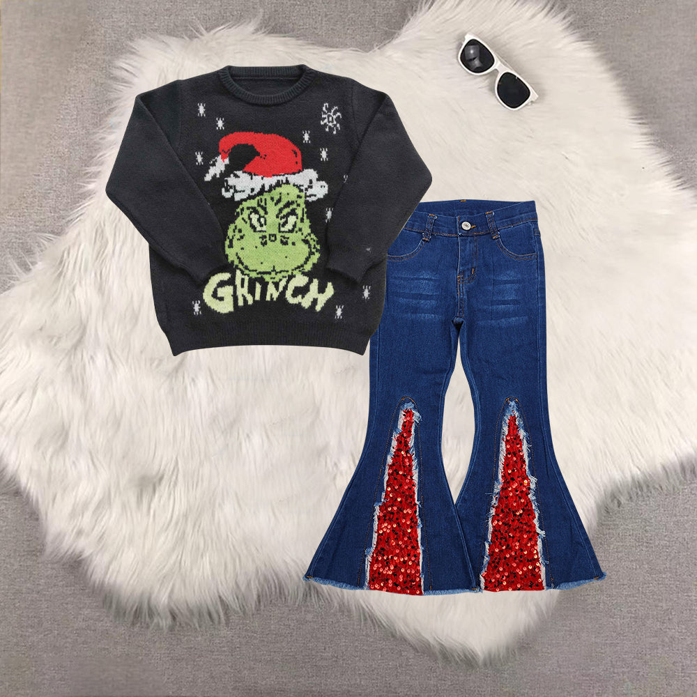 RTS NO MOQ(In Stock ) GT0188+P0532 baby girl clothes Christmas cartoon long-sleeved sweater denim trousers set