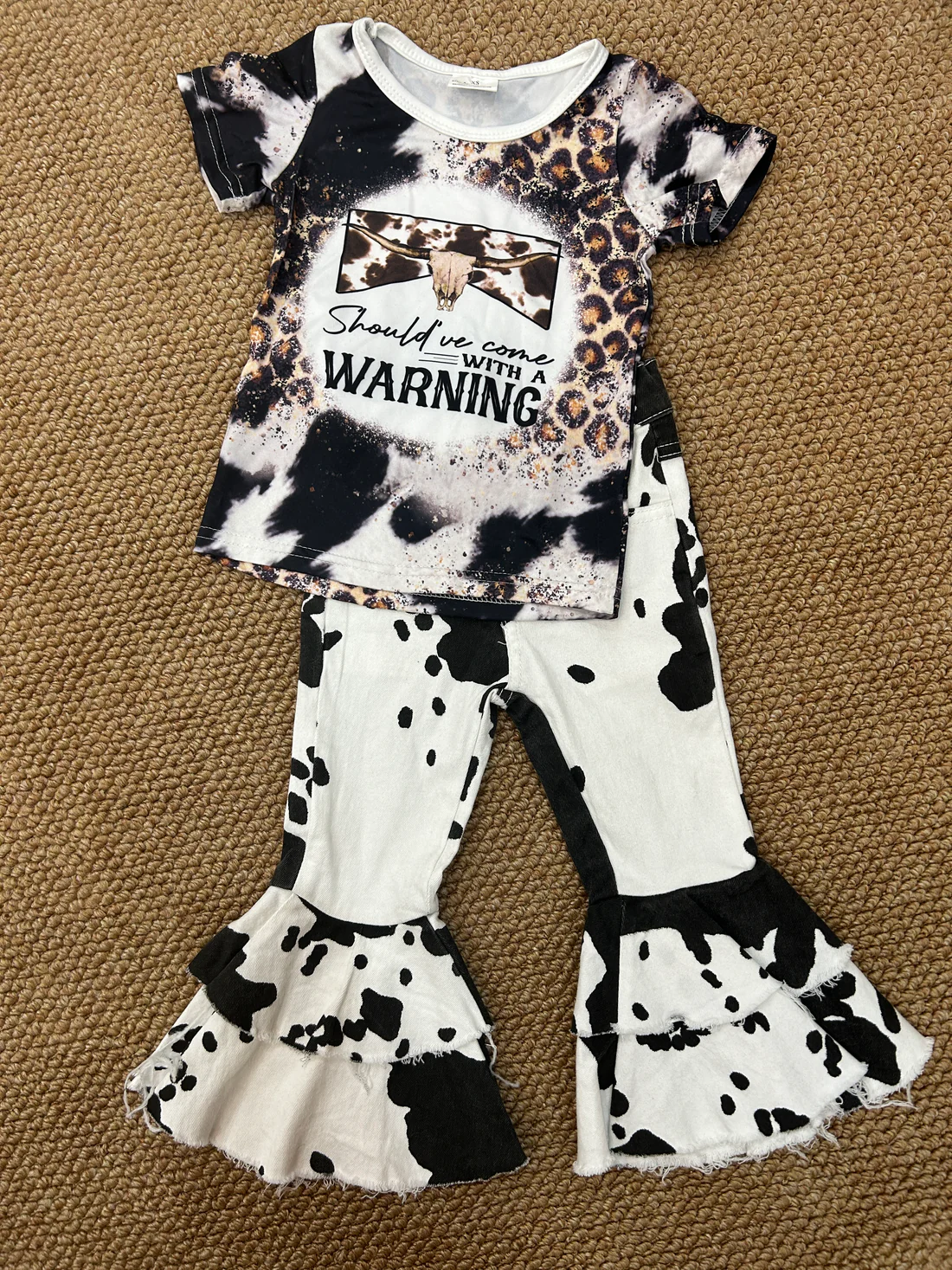 RTS NO MOQ ETA 5/7days Arrived GT0194+P0001 Warning letter alpine cow leopard print short-sleeved top Black denim cow print double lace trousers