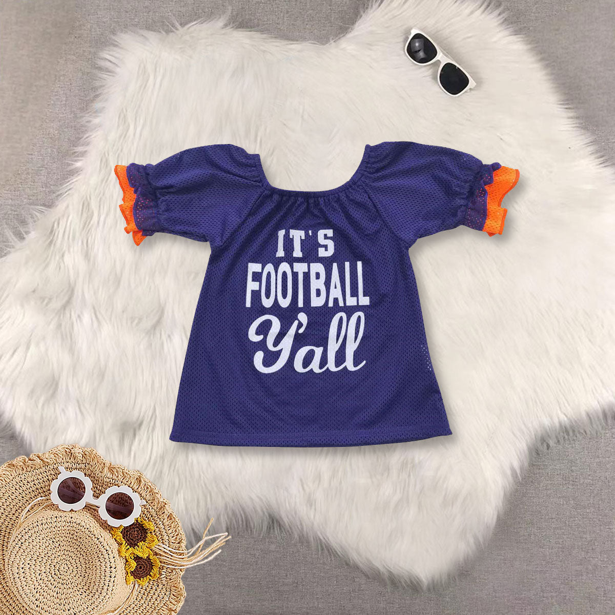 RTS NO MOQ Sibling baby girl clothes Mesh summer fabric Offset blue short-sleeved top Offset purple short-sleeved top jersey