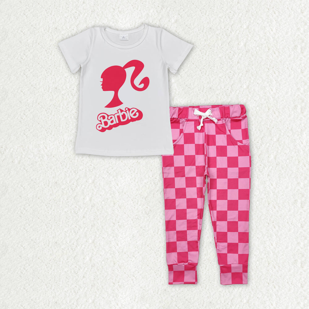 RTS NO MOQ ETA 5/7days Arrived GT0344+P0700 Barbie head portrait white short-sleeved top Rose red plaid lace-up trousers sets