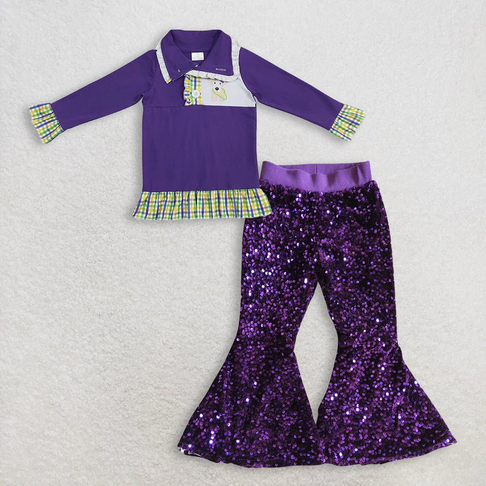 RTS NO MOQ(In Stock) mardi gras long sleeved top sequined pants set