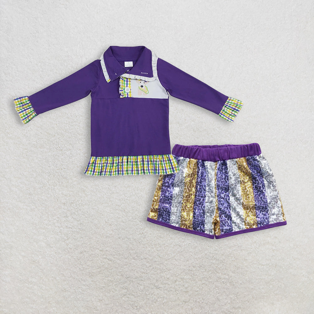 RTS NO MOQ(In Stock) mardi gras long sleeved top sequined shorts set
