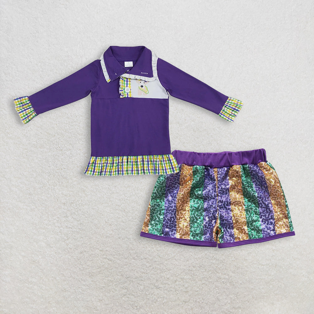 RTS NO MOQ(In Stock) mardi gras long sleeved top sequined shorts set