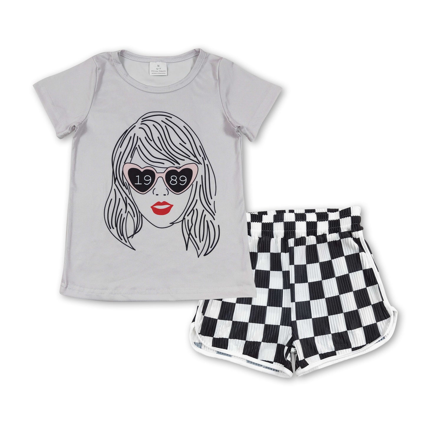 RTS no moq GT0434+SS0209 1989 taylor swift gray short-sleeved top Black and white plaid shorts