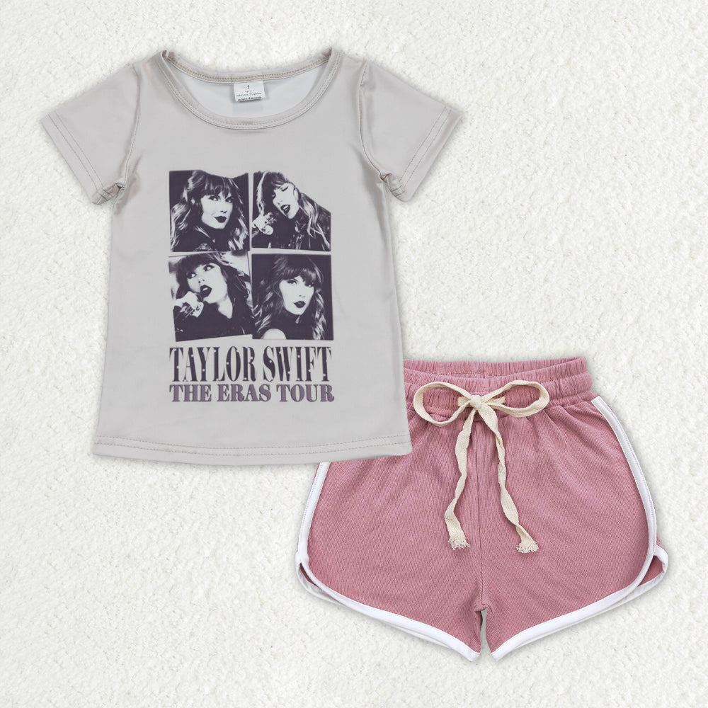 GT0435+SS0293 taylor swift beige short-sleeved top dark pink shorts