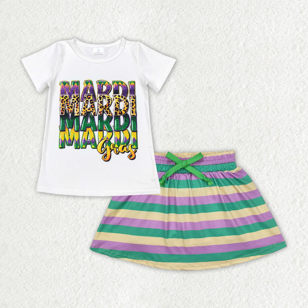 RTS NO MOQ ETA 5/7days Arrived GT0442+GLK0037 Mardi Gras lettering white short-sleeved top Carnival yellow, green and purple striped culottes skirt sets