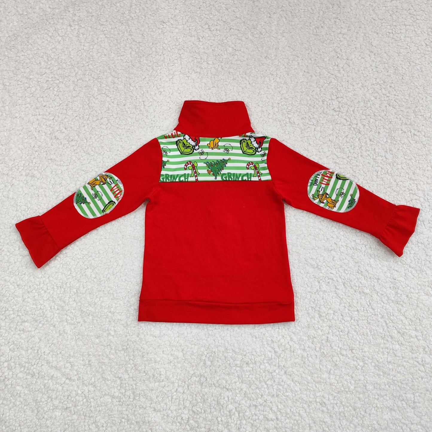 RTS NO MOQ(In Stock ) GT0611 Grinch puppy Christmas tree lace green stripe red zipper long sleeve top