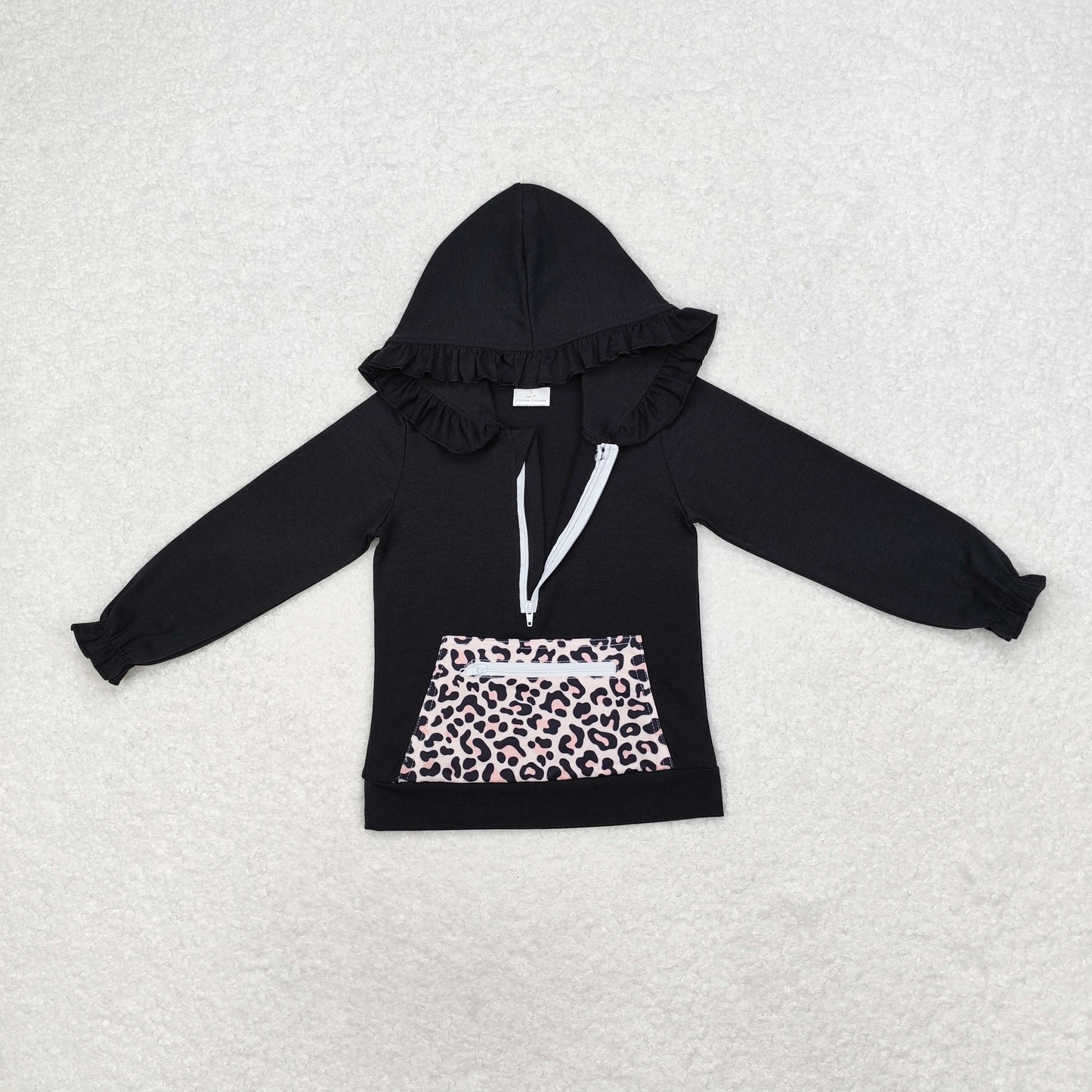 RTS NO MOQ(In Stock) GT0624 Leopard print pocket zipper black hooded long sleeve top