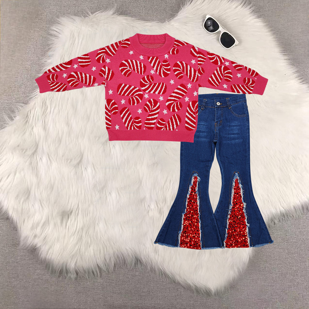 RTS NO MOQ(In Stock ) GT0665+P0532 baby girl clothes Christmas long-sleeved sweater denim trousers set