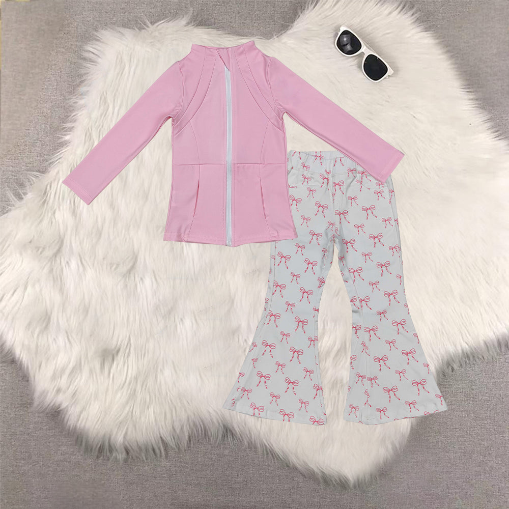 RTS NO MOQ(In Stock) GT0683+P0732 yoga pink zipper long sleeve top bow denim pants sets