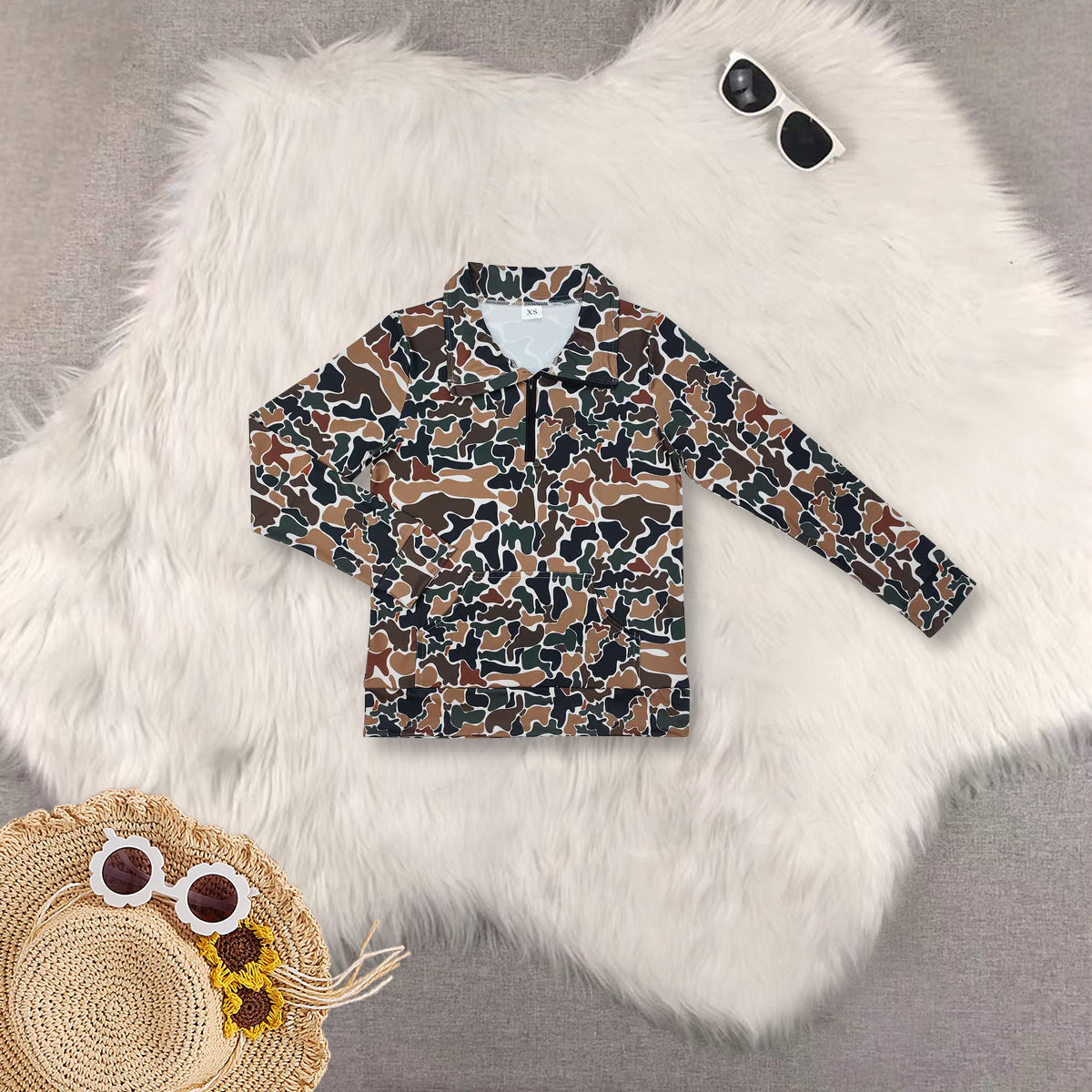 RTS NO MOQ Sibling Adults women and Baby Girls Camouflage Zipper Stand Collar Pullover Long Sleeve Top