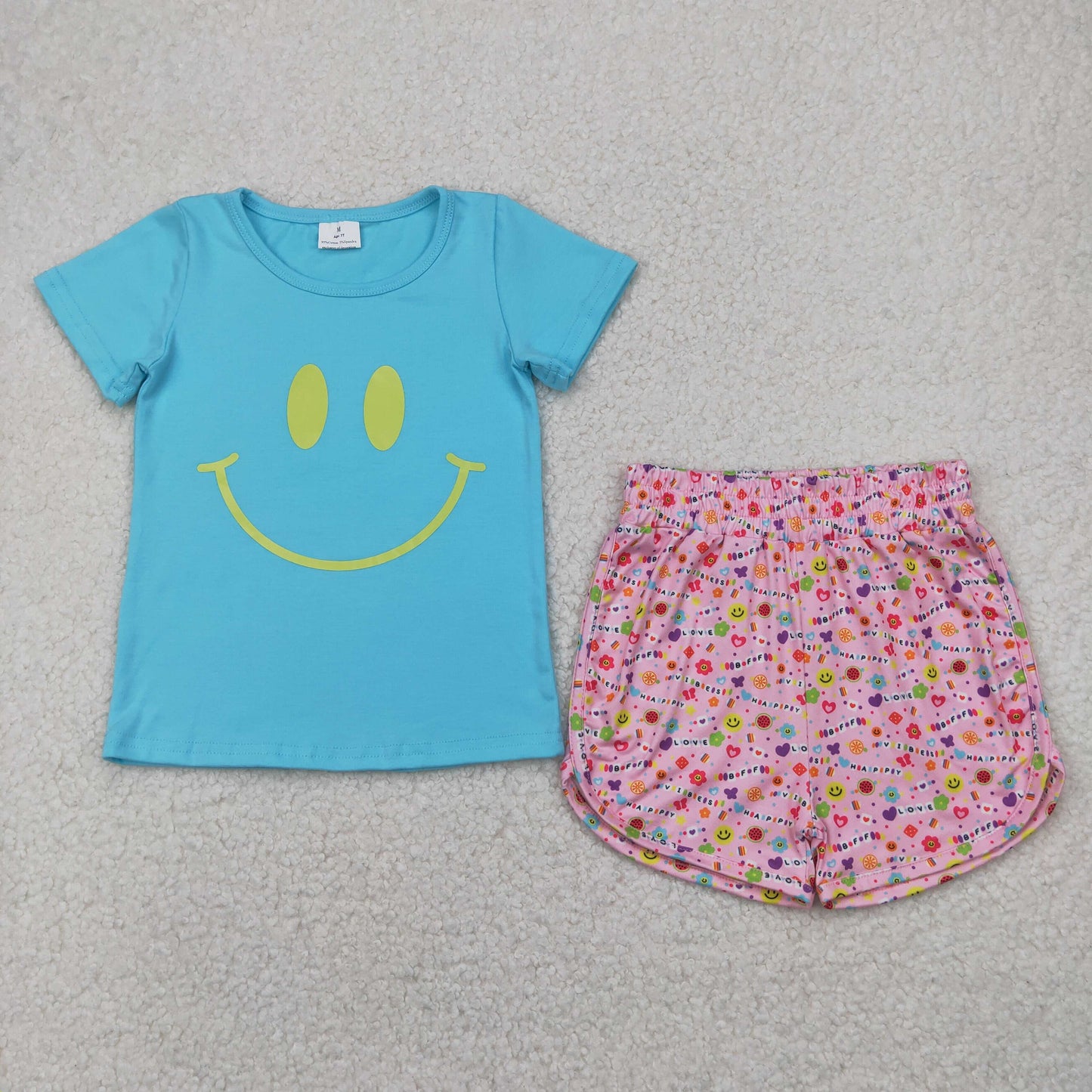 RTS NO MOQ GT0960+SS0484 Offset smiley face blue short-sleeved top Happy butterfly letter pink shorts set