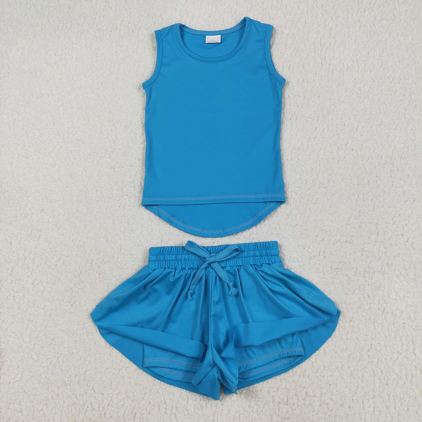 RTS NO MOQ GT0986+SS0549 Solid blue sleeveless yoga vest top shorts sets