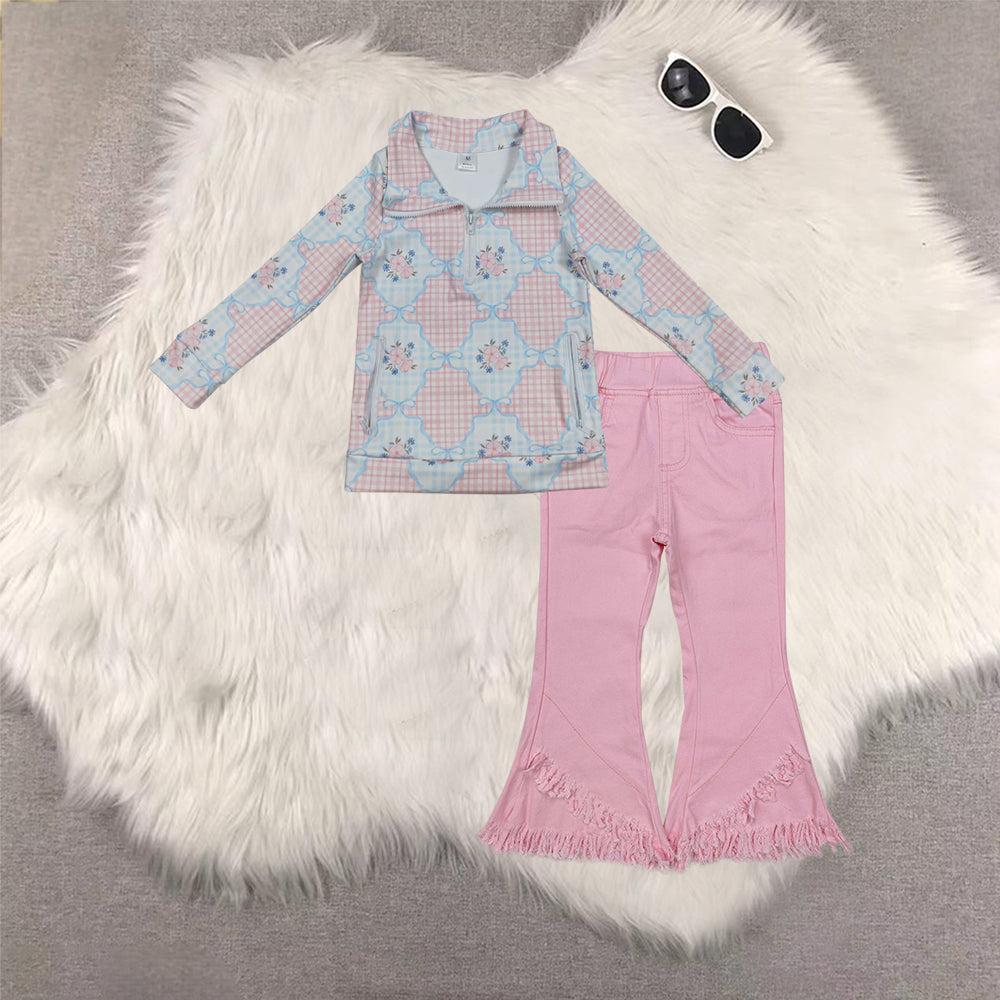 RTS NO MOQ(In Stock) GT1062+P0463 yoga floral zipper long sleeve top Pink tassel elastic waist denim pants sets