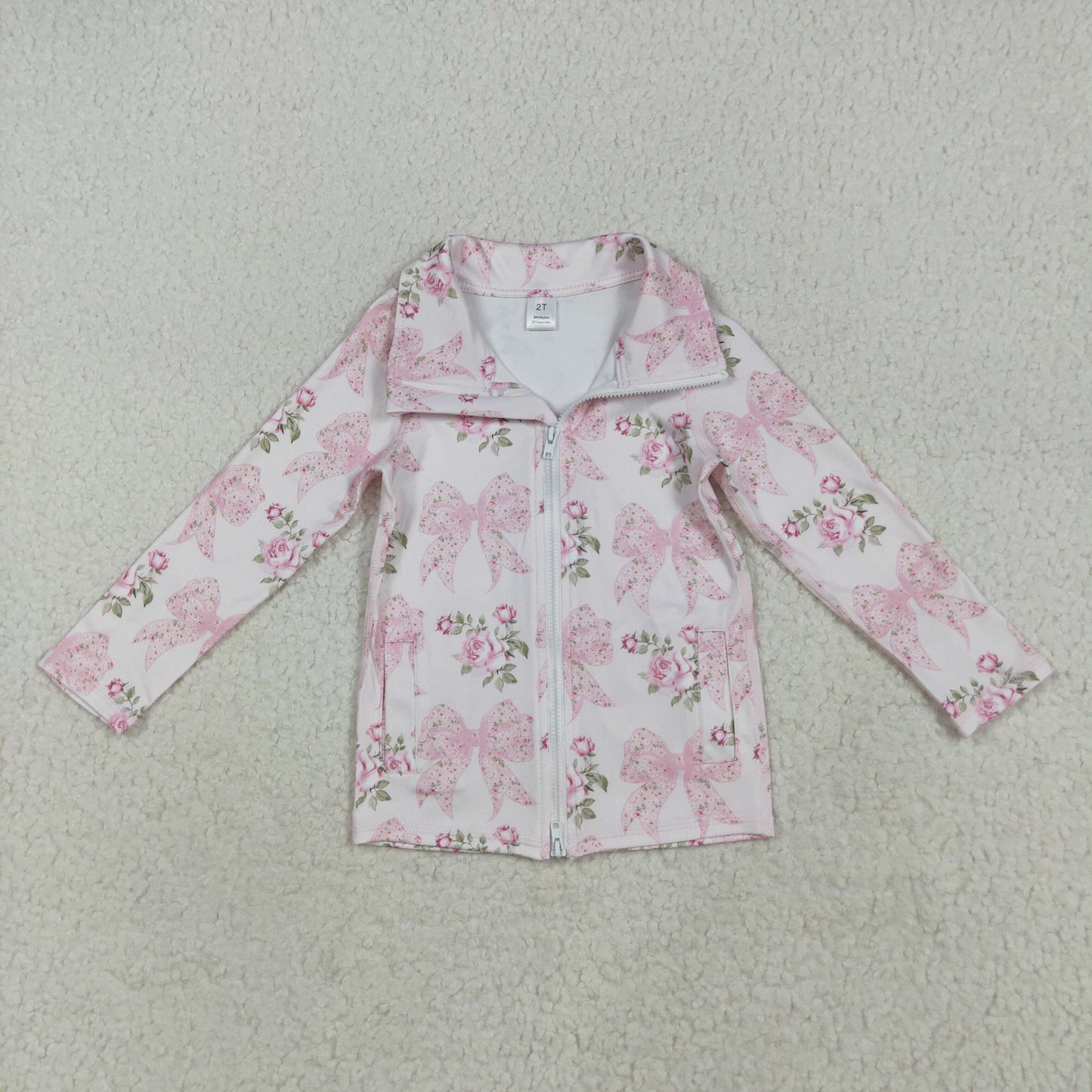RTS NO MOQ(In Stock) GT1075 Pink yoga zipper long-sleeved top with floral flower, leaf and bow pattern