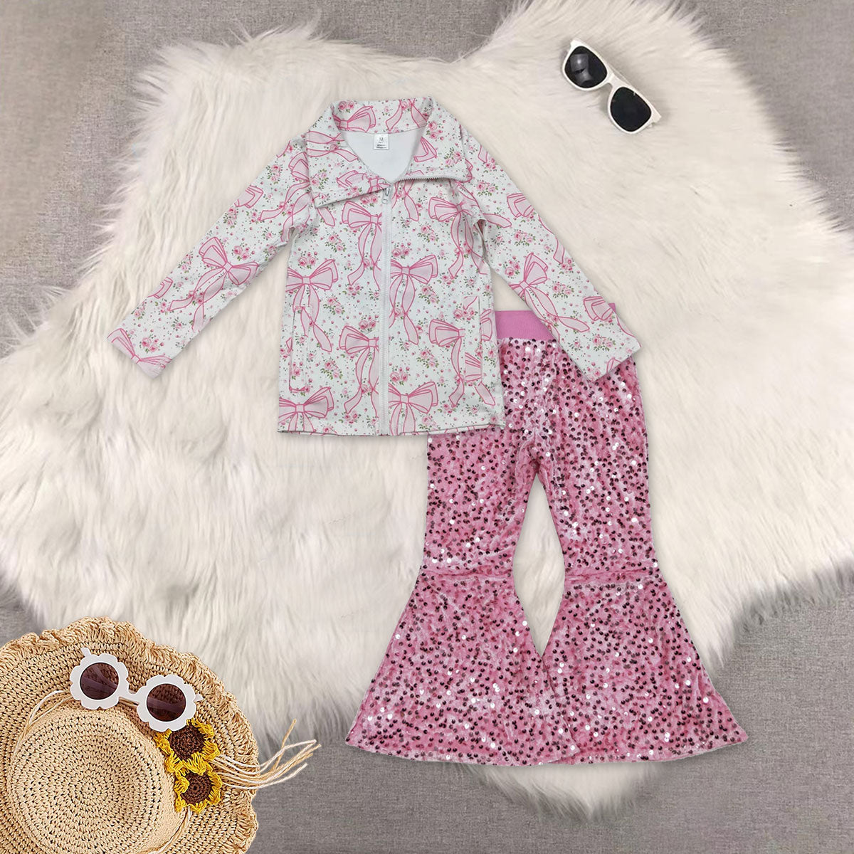 RTS NO MOQ Sibling baby girl clothes yoga bow floral long sleeved top pink sequined pants sets 5