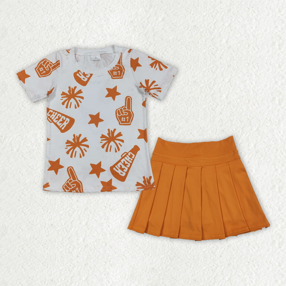 RTS NO MOQ GT1090+GLK0109 Cheer orange fireworks star white short-sleeved top skirt sets