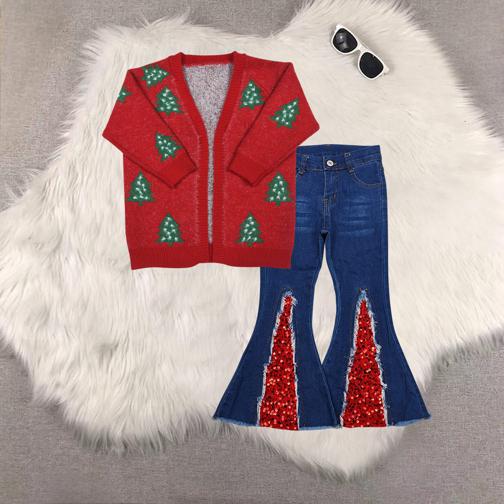 RTS NO MOQ(In Stock ) GT1114+P0532 baby girl clothes Christmas cartoon red long-sleeved sweater denim trousers set