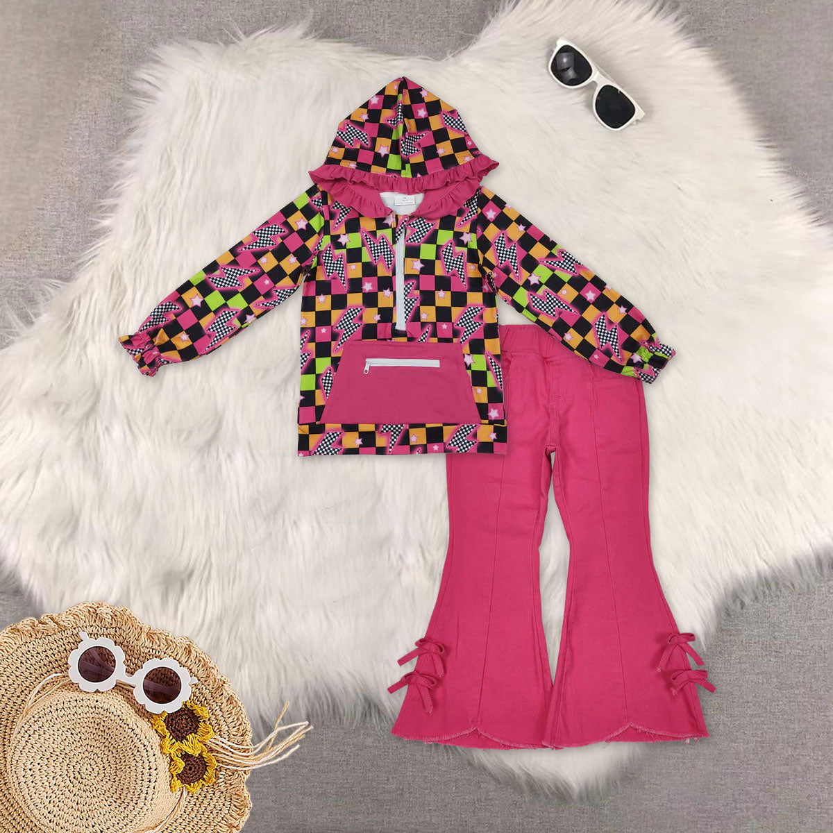 RTS NO MOQ(In Stock) GT1117+P0731 hooded long sleeve top tassel elastic waist denim pants sets