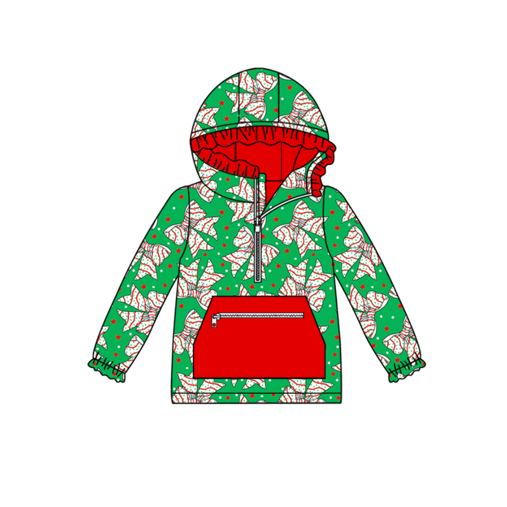 (Pre Order) No moq GT1194 pre-order toddler girl clothes Christmas bow green hooded long Sleeve Top -2025.8.30