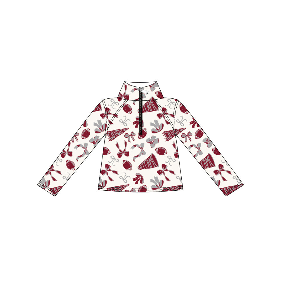(Pre Order) No moq GT1196 pre-order toddler girl clothes yoga rugby bow brick red long Sleeve Top -2025.9.1