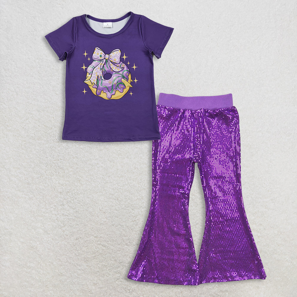 RTS NO MOQ(In Stock) GT1252+P0500 Baby Girls Mardi Gras Outfit Set with Flutter Sleeve Top And Sequin Pants Purple Cute And Festive Children's Clothing