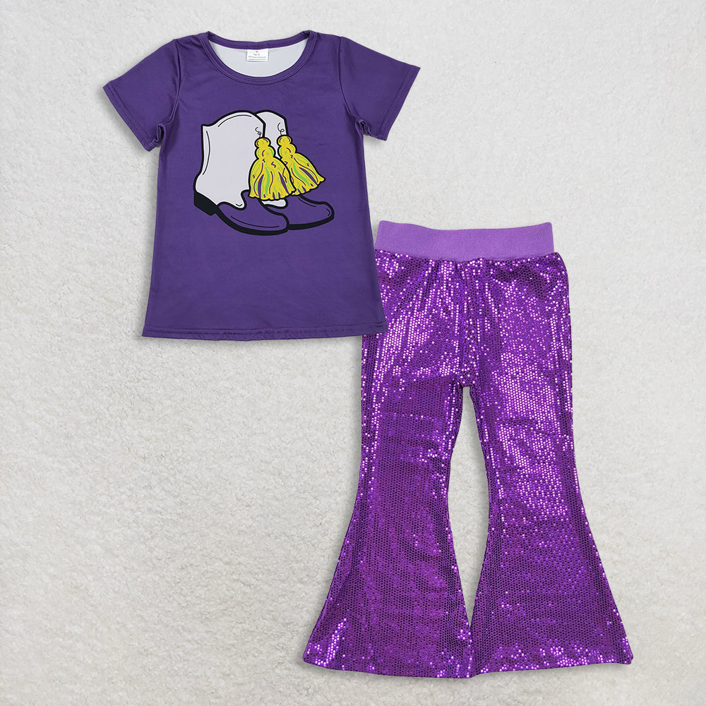RTS NO MOQ(In Stock) GT1254+P0500 Baby Girls Mardi Gras Outfit Set with Flutter Sleeve Top And Sequin Pants Purple Cute And Festive Children's Clothing