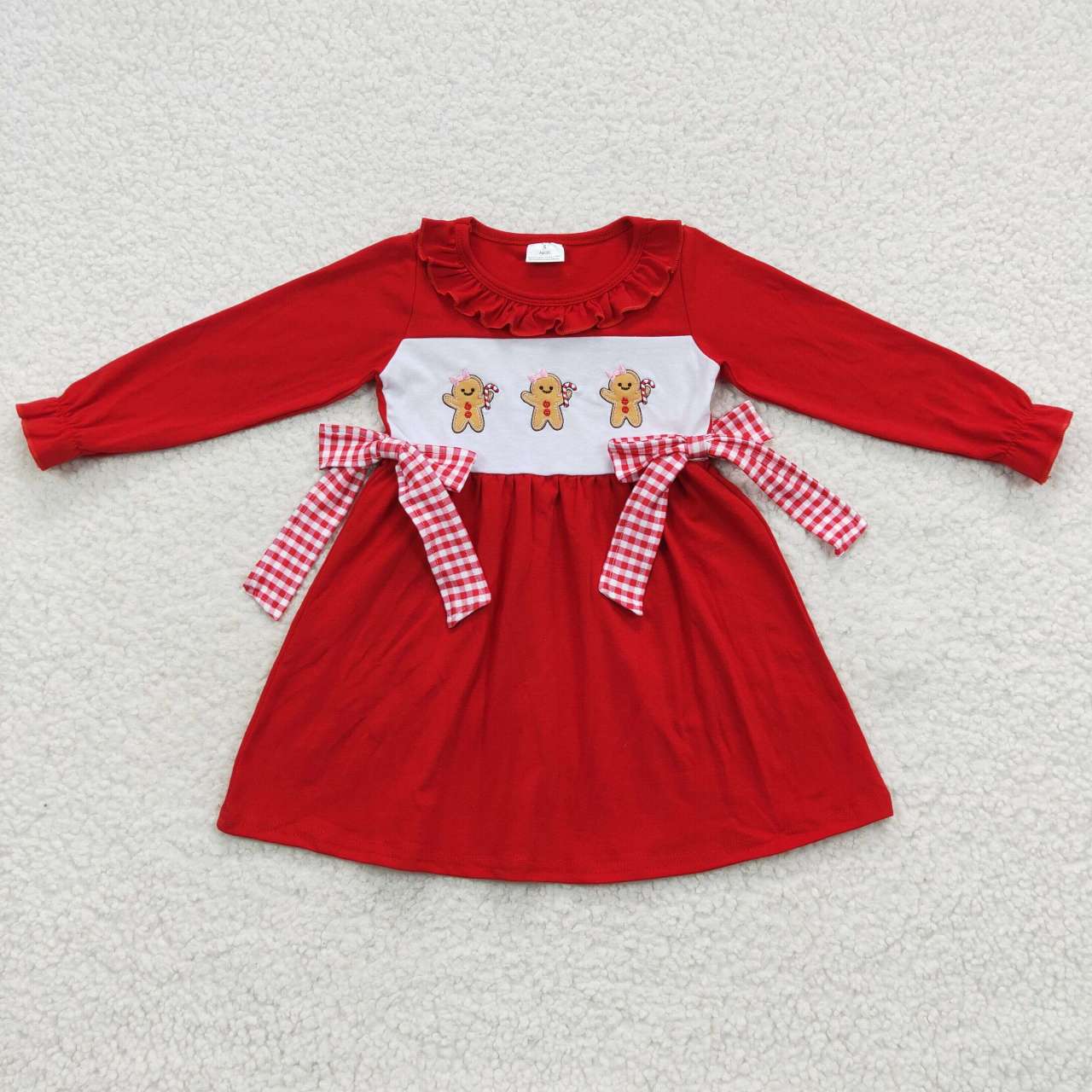 GLD0218 Embroidered Gingerbread Man Red Plaid Bow Long Sleeve Dress