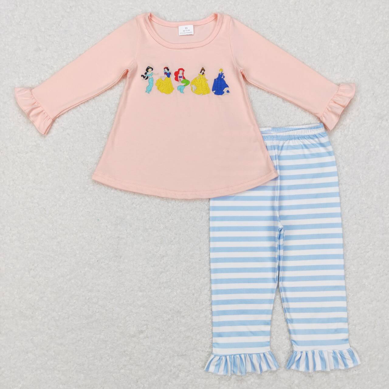 GLP0859 Embroidered Cartoon Pink Lace Long Sleeve Blue and White Striped Pants Suit
