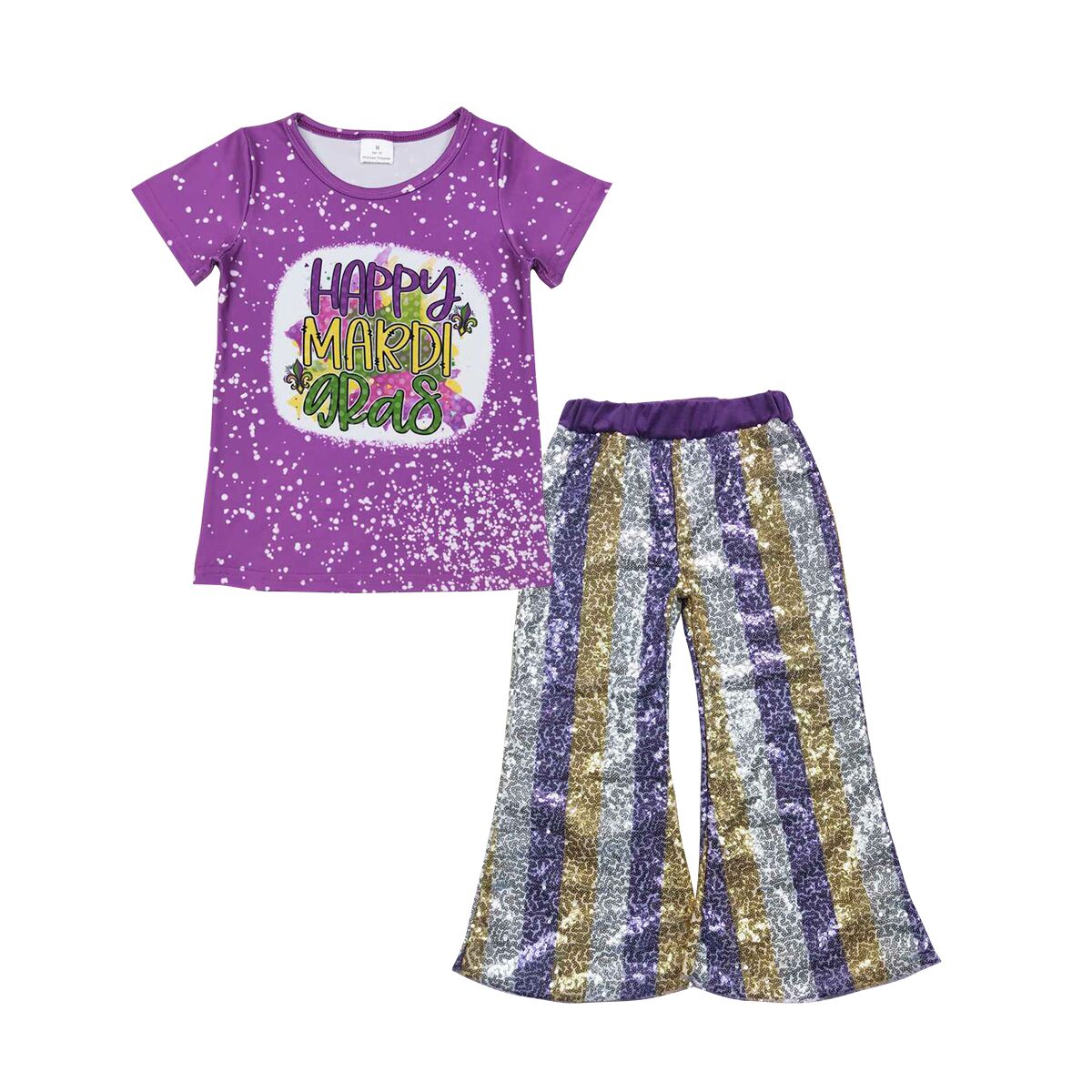 P0276 Purple Gold White Stripe Sequined Trousers +GT0374 happy mardi gras letter purple short sleeve top