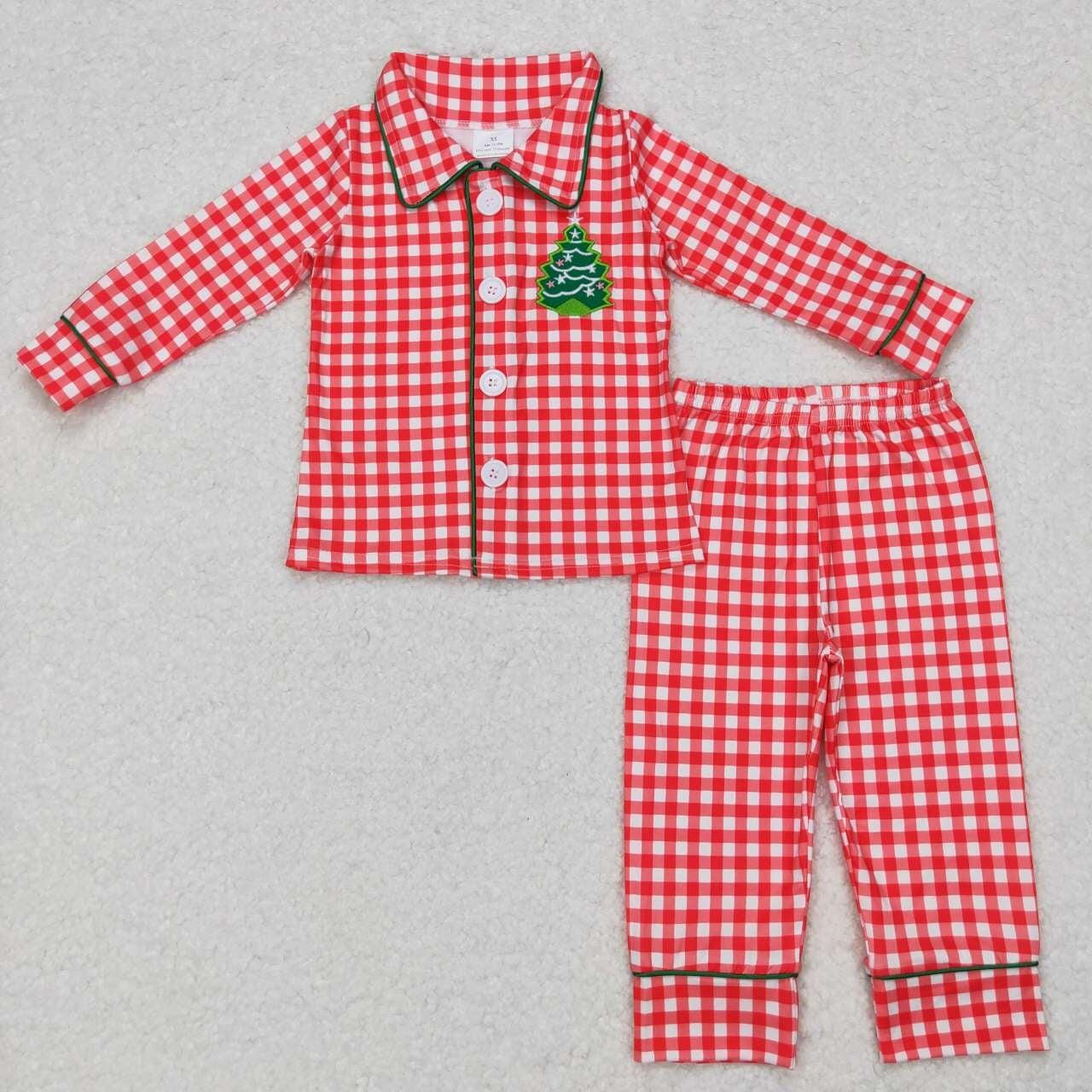 RTS NO MOQ Christmas Tree Plaid Girls Boys Long Sleeve Long Pants Pajama Set