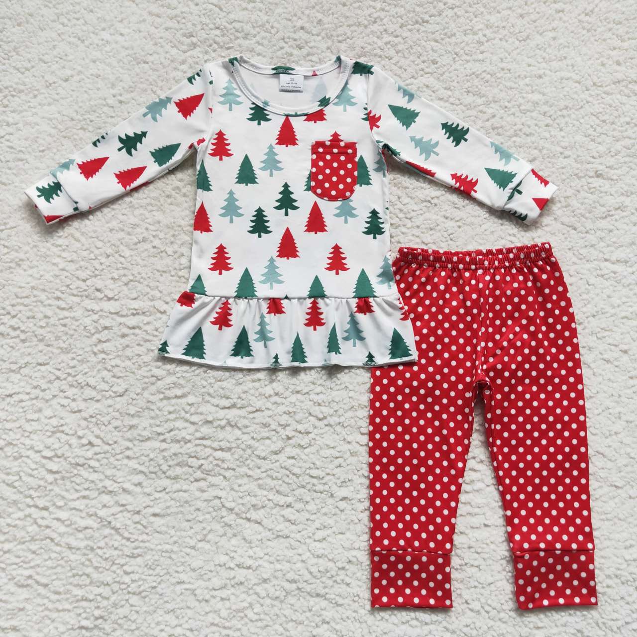 GLP0803 Christmas tree polka dot pocket white long sleeve red pants suit