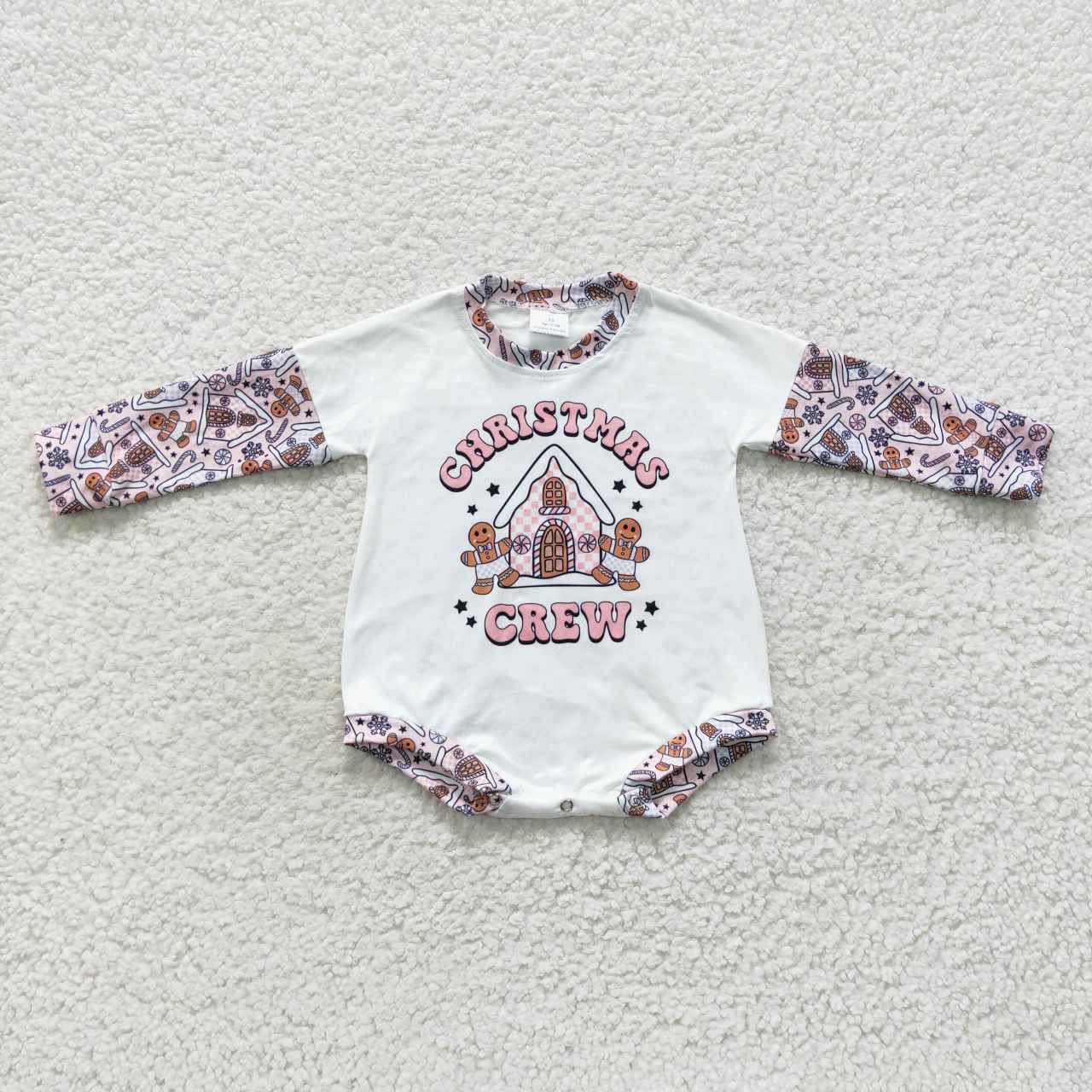 LR0423 christmas crew gingerbread man house pink and white long-sleeved jumpsuit
